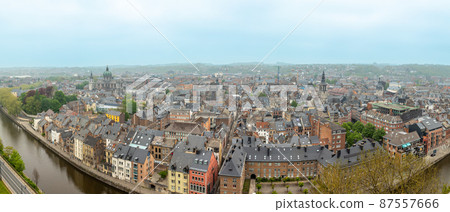 Old houses rooftops panorama with St Aubin's Cathedral and Sambra river, Wallonia, Belgium 87557666