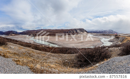 Autumn greenlandic wastelands landscape with river and mountains, Kangerlussuaq, Greenland Autumn greenlandic wastelands landscape with river and mountains, Kangerlussuaq, Greenland 87557816