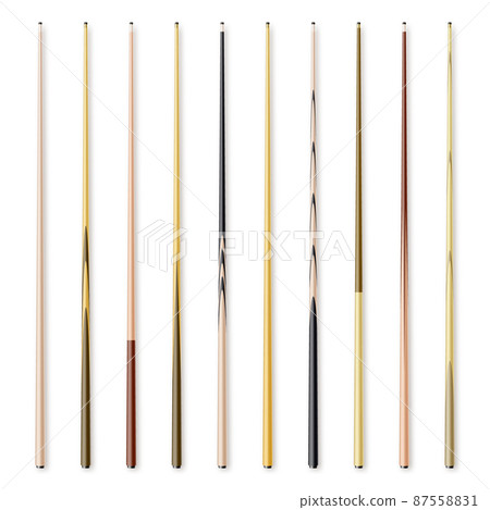 Various wooden billiard cues isolated on white background. Snooker sports equipment. Vintage pool 87558831