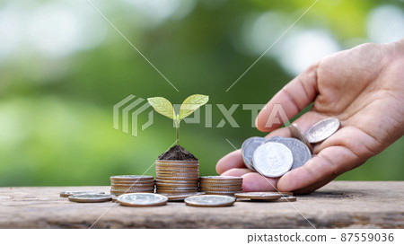 Trees growing on piles of coins and hands giving coins provide financial future planning ideas for future security. 87559036