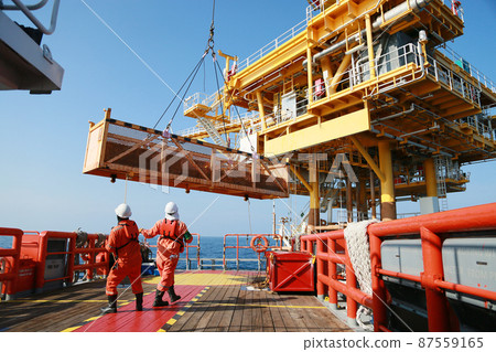 Crews boat moving the passenger and cargo from the platform to supply boat in oil and gas industry. Support offshore oil and gas industry by boat and service team. Crews boat moving the passenger and cargo from the platform to supply boat in oil and gas industry. Support offshore oil and gas industry by boat and service team. 87559165