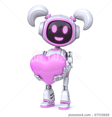 Cute pink girl robot holding red heart 3D 87559889