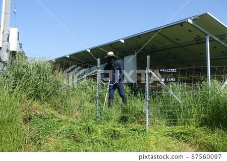 太陽能發電廠的除草工作,一個割草的人 太陽能發電廠的除草工作,一個割草的人 87560097