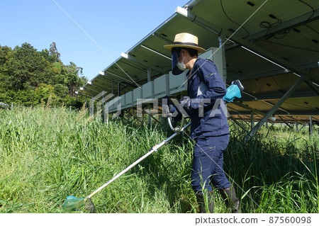 Weeding work at a solar power plant, a man mowing grass 87560098