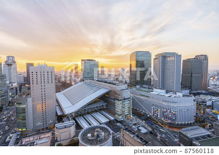 Umeda Osaka Station Evening view Orange sky Cityscape from Hankyu Grand Building 87560118