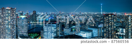 Panorama night view of Tokyo where you can see the Sumida River and the Sky Tree 87560556