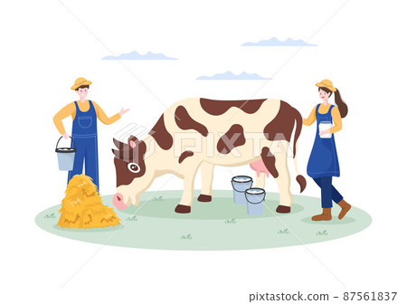 Farmers are Milking Cows to Produce or Obtain Milk with Views of Green Meadows or on Farms in an Illustration Flat Style 87561837