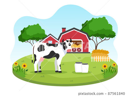 Dairy Cows Pictures with a View of a Meadow or a Farm in the Countryside to Eat Grass in an Illustration Flat Style 87561840