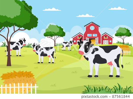 Dairy Cows Pictures with a View of a Meadow or a Farm in the Countryside to Eat Grass in an Illustration Flat Style 87561844
