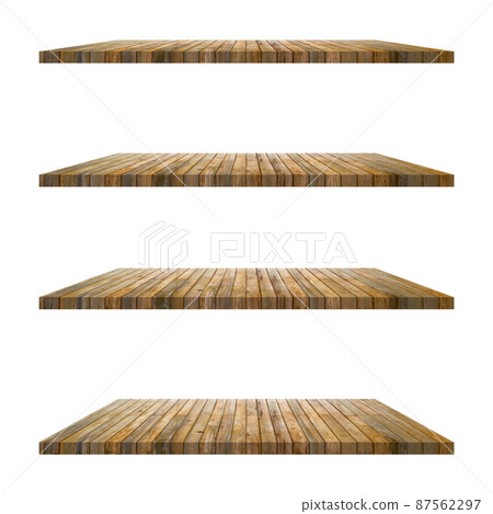4 old wood shelves table isolated on white background and display montage for product. 4 old wood shelves table isolated on white background and display montage for product. 87562297
