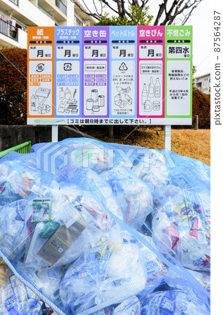 Garbage covered with nets collected at the collection point in the housing complex Garbage covered with nets collected at the collection point in the housing complex 87564287