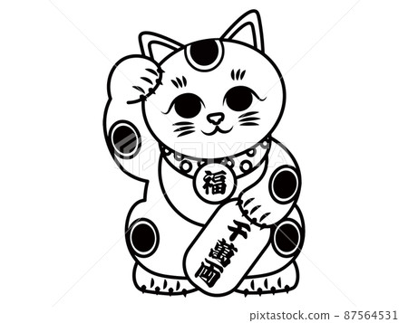 Maneki Neko, a beckoning cat, raising his right hand, 10 million cars, monochrome 87564531