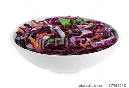 Fresh red cabbage salad in bowl isolated on white 87565238