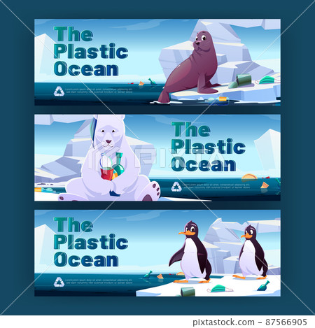 Ocean plastic pollution cartoon banners flyers set 87566905