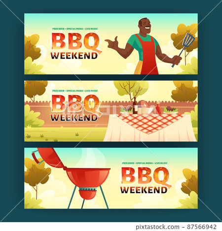 BBQ weekend cartoon banners with man cook on grill 87566942