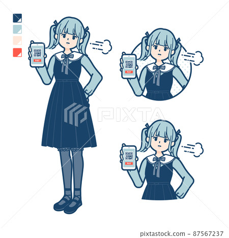 一名身穿哥特式洛麗塔服裝的年輕女子用一臉困擾的智能手機進行無現金支付的插圖 一名身穿哥特式洛麗塔服裝的年輕女子用一臉困擾的智能手機進行無現金支付的插圖 87567237
