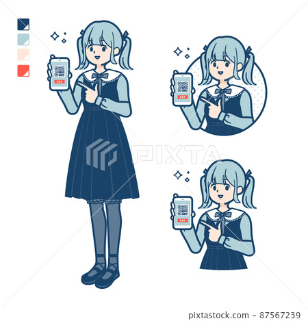 Illustration of a young woman wearing a Gothic Lolita costume making a cashless payment on her smartphone 87567239
