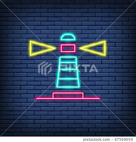 Vector lighthouse, beacon, warning sign, navigation, seamark neon sign. Vector lighthouse, beacon, warning sign, navigation, seamark neon sign. 87569059