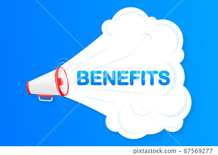 Megaphone blue banner with benefits sign. Vector illustration Megaphone blue banner with benefits sign. Vector illustration 87569277