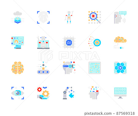 Set of Artificial Intelligence white line icon. Engineering, Computer Chip, Virtual Reality, Chatbot, Big Data and more. Set of Artificial Intelligence white line icon. Engineering, Computer Chip, Virtual Reality, Chatbot, Big Data and more. 87569318