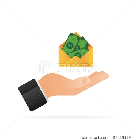 Money in envelope with hand in flat style on white background. Vector flat illustration. Send money 87569339