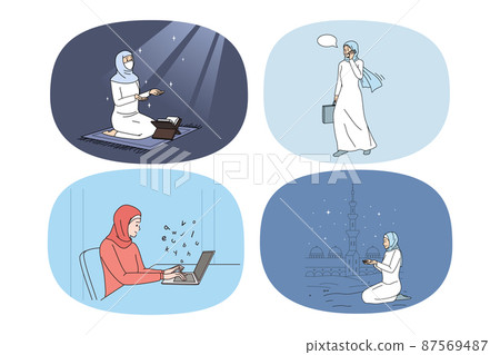 Set of Arabian woman in traditional clothes daily life Set of Arabian woman in traditional clothes daily life 87569487