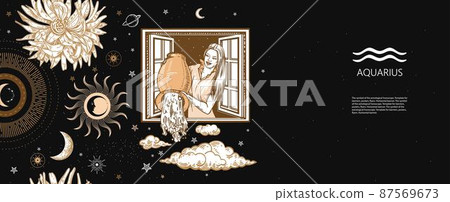 Zodiac sign Aquarius. A girl stands at the window and pours water from a jug. Astrology. 87569673