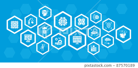 Artificial Intelligence infographic design template with white icons. Robotics, Chatbot, Database banner for diagrams, presentations, info graph. Artificial Intelligence infographic design template with white icons. Robotics, Chatbot, Database banner for diagrams, presentations, info graph. 87570189