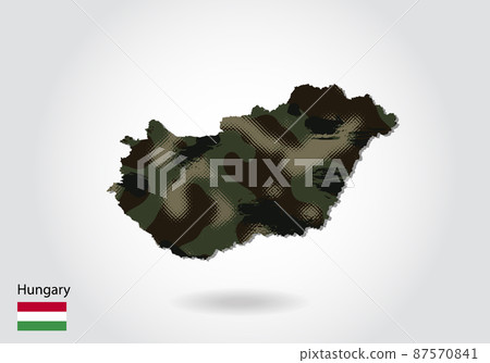 hungary map with camouflage pattern, Forest - green texture in map. Military concept for army, soldier and war. coat of arms, flag. hungary map with camouflage pattern, Forest - green texture in map. Military concept for army, soldier and war. coat of arms, flag. 87570841