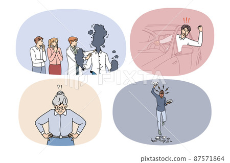 Set of furious people scream and yell in conflict situations  87571864