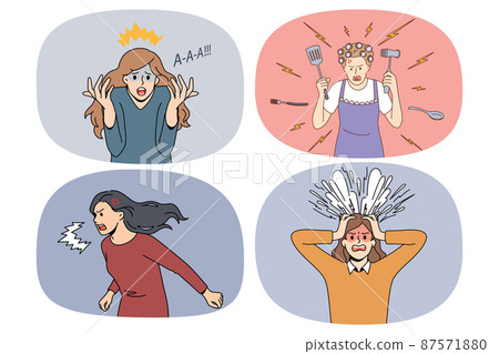 Set of furious women scream and yell Set of furious women scream and yell 87571880