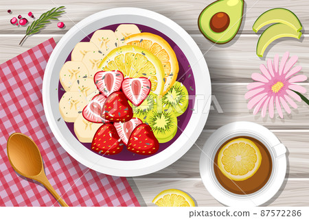 Top view Acai food bowl and placemat on wood table Top view Acai food bowl and placemat on wood table 87572286