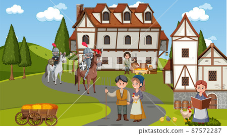Medieval town scene with villagers Medieval town scene with villagers 87572287