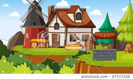 Medieval town scene with villagers Medieval town scene with villagers 87572288