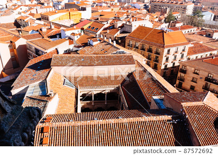 Aerial top panoramic view of historic centre of the medieval town of Salamanca. Casa de las Conchas Aerial top panoramic view of historic centre of the medieval town of Salamanca. Casa de las Conchas 87572692