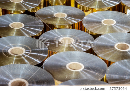 Aluminum technical foil. Rolls of foil for embossing. Foil in the printing shop. 87573034