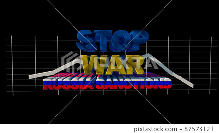 The inscription stop war sanctions for Russia in the colors of the national flag on a black background with an economic graph 3d rendering 87573121