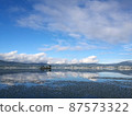 Panorama view of the Lake Suwa in the Kiso Mountains, Nagano, Japan. 87573322