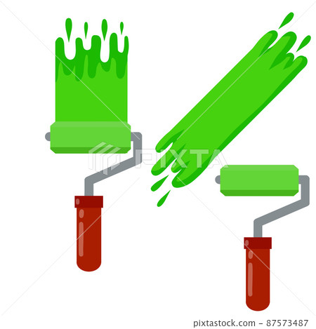 Roller for paint. Green tool with trace. element of decorator work. Roller for paint. Green tool with trace. element of decorator work. 87573487