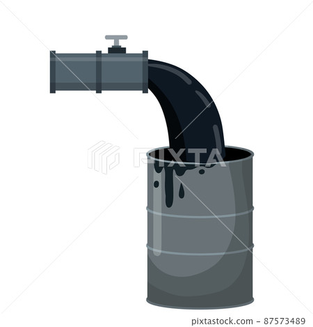 Pipe with petroleum. Black liquid fills the oil barrel. 87573489