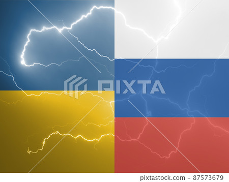 Ukrainian vs russian flags pattern with lightning, war concept Ukrainian vs russian flags pattern with lightning, war concept 87573679