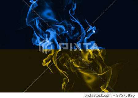 Ukrainian national flag colors with fire, war concept Ukrainian national flag colors with fire, war concept 87573950