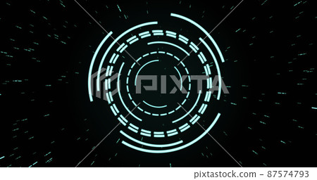 Image of green circular interfaces pulsating and spinning over specks on black background Image of green circular interfaces pulsating and spinning over specks on black background 87574793
