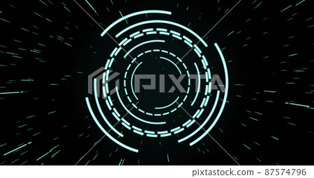 Image of green circular interfaces pulsating and spinning over specks on black background Image of green circular interfaces pulsating and spinning over specks on black background 87574796