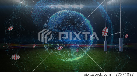 Image of globe over rugby balls coloured with georgia flag at stadium Image of globe over rugby balls coloured with georgia flag at stadium 87574888