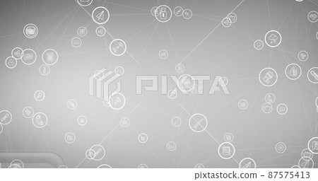 Image of network of connections with media icons on gray background 87575413