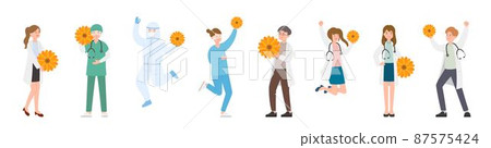 護理人員男性或女性醫生或科學家組合,醫學專家與金盞花與葉黃素,醫生團隊概念 護理人員男性或女性醫生或科學家組合,醫學專家與金盞花與葉黃素,醫生團隊概念 87575424