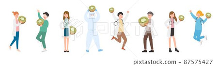 Nursing male or female doctor or scientist combination, medical specialist with kiwi fruit and vitamin c, doctor team concept Nursing male or female doctor or scientist combination, medical specialist with kiwi fruit and vitamin c, doctor team concept 87575427