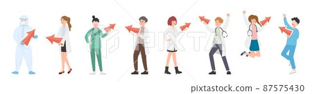 Paramedic male or female doctor or scientist combination, medical specialist with arrow or sign, sign of attention, doctor team concept 87575430