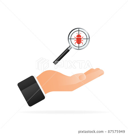 Virus loupe icon in hand. Searching virus. Microbe icon. Cyber secure. 87575949